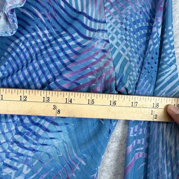 Blue Abstract Mesh Disco Top Size XS Crop Button Front Long Ruffle Flare Sleeve - Picture 3 of 10